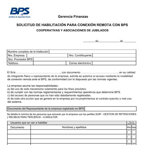 Vista previa del documento Solicitud de Perfiles Cooperativas y Asociaciones Jubilados — BPS - Formularios Para Solicitud De Perfiles, Uruguay