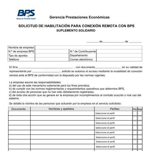 Vista previa del documento Solicitud de perfiles Suplemento solidario cajas paraestatales y otros — BPS - Formularios Para Solicitud De Perfiles, Uruguay