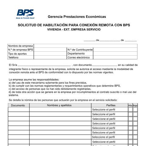 Vista previa del documento Solicitud de perfiles Vivienda - empresa servicio — BPS - Formularios Para Solicitud De Perfiles, Uruguay