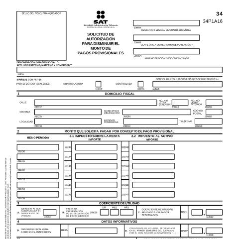 Vista previa del documento Solicitud de autorización para disminuir el monto de pagos provisionales. Esta forma es de libre impresión. — Ley del Impuesto Sobre la Renta (ISR), México (CERFA n°34)