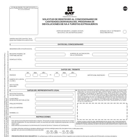Vista previa del documento ​Solicitud de reintegro al concesionario de cantidades derivadas del programa de devoluciones de IVA a turistas extranjeros. Esta forma es de libre impresión. — Ley del Impuesto al Valor Agregado (IVA), México (CERFA n°​ DTE)