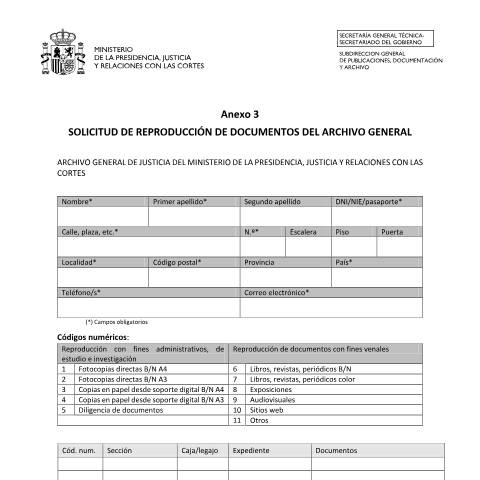 Vista previa del documento Formulario de Solicitud de reproducciones — Ministerio de Justicia — Modelos de solicitud normalizados, España