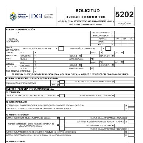 Vista previa del documento Formulario 5202 - Solicitud de Residencia Fiscal — DGI - Formularios, Uruguay (CERFA n°5202)
