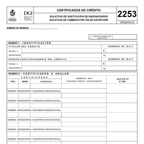 Vista previa del documento Formulario 2/253 Solicitud de sustitución de endosatarios — DGI - Formularios, Uruguay (CERFA n°2/253)