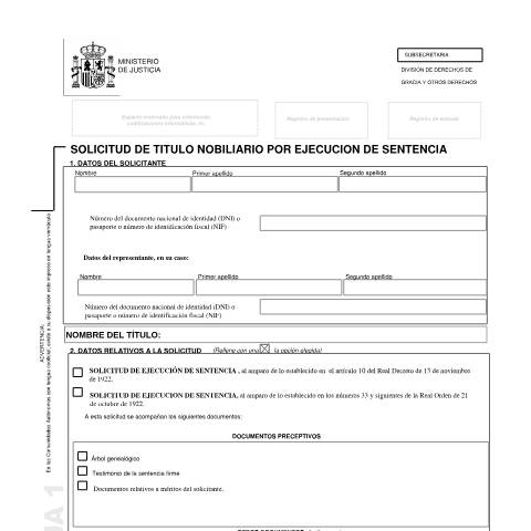 Vista previa del documento Modelo de solicitud de título nobiliario por ejecución de sentencia e Instrucciones — Ministerio de Justicia — Modelos de solicitud normalizados, España