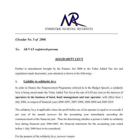 Document preview: Solidarity Levy — Document, Mauritius (CERFA n°vatcir5)
