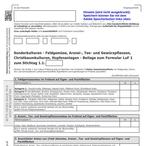 Dokumentvorschau: LuF1-S — Sonderkulturen - Feldgemüse, Arznei-, Tee- und Gewürzpflanzen, Christbaumkulturen, Hopfenanlagen - Beilage zum Formular LuF 1 — Steuern, Österreich (CERFA n°LuF1-S)