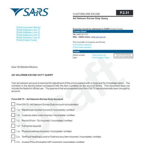 Document preview: P.2.51 – Ad Valorem Excise Duty Query — PDF Forms, South Africa (CERFA n°P.2.51)