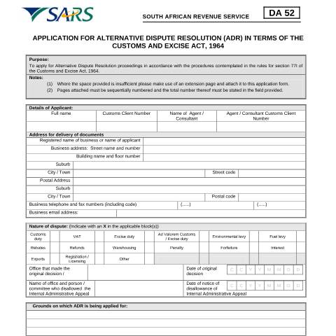 Document preview: DA 52 – Application for ADR – External Form — PDF Forms, South Africa (CERFA n°DA 52)