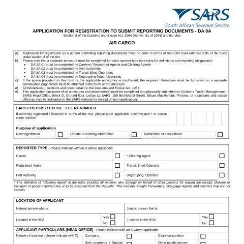 Document preview: DA 8A – Application for registration to submit reporting documents for air cargo – External Form — PDF Forms, South Africa (CERFA n°DA 8A)
