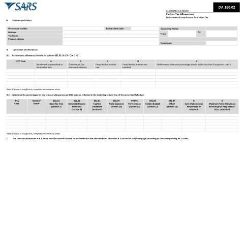 Document preview: DA 180 02 – Carbon Tax Allowances (Environmental Levy Account for Carbon Tax) – External Form — PDF Forms, South Africa (CERFA n°DA 180 02)