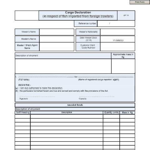Document preview: DA 1A – Cargo Declaration – External Form — PDF Forms, South Africa (CERFA n°DA 1A)