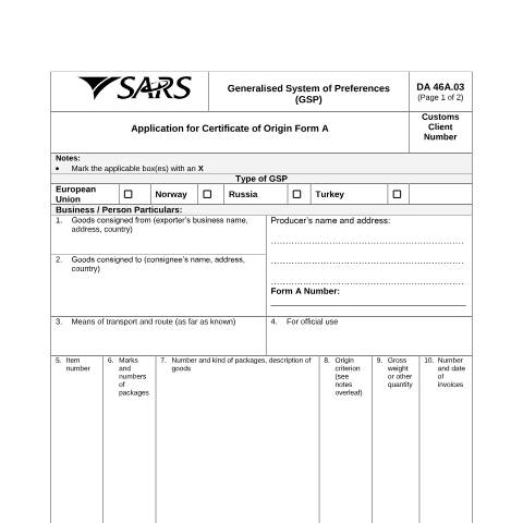 Document preview: DA 46A 03 – Application for Certificate of Origin Form A – External Form — PDF Forms, South Africa (CERFA n°DA 46A 03)