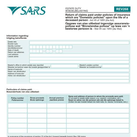 Document preview: REV268 – Return of Claims Paid under Policies of Insurance – External Form — PDF Forms, South Africa (CERFA n°REV268)