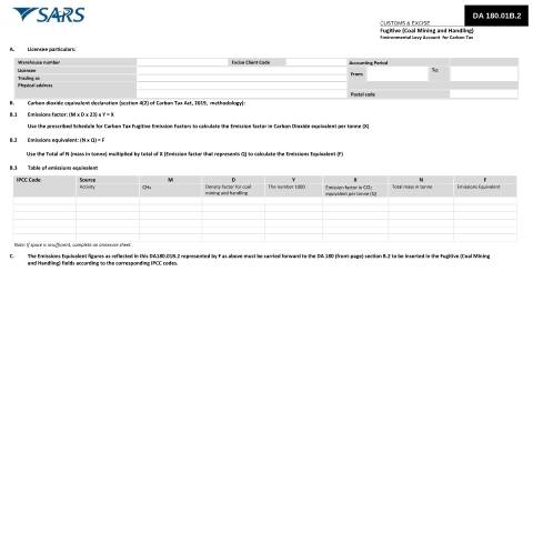 Document preview: DA 180 01B 2 – Fugitive (Coal Mining and Handling) (Environmental Levy Account for Carbon Tax) – External Form — PDF Forms, South Africa (CERFA n°DA 180 01B 2)