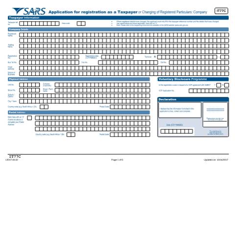 Document preview: IT77C – Application for registration Company – External form — PDF Forms, South Africa (CERFA n°IT77C)
