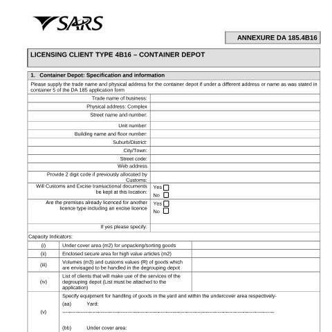 Document preview: DA 185.4B16 – Licensing Client Type 4B16 – Container depot – External Form — PDF Forms, South Africa (CERFA n°DA 185.4B16)