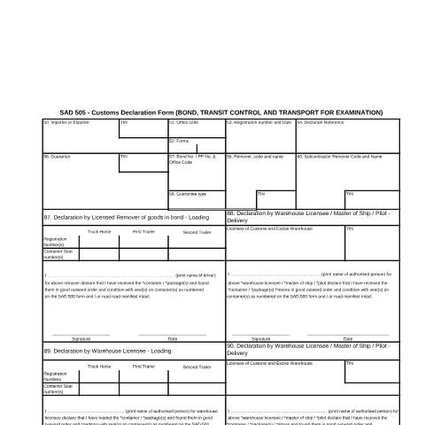 Document preview: SAD 505 – Customs Declaration Form (BOND TRANSIT CONTROL AND TRANSPORT FOR EXAMINATION) – External Form — PDF Forms, South Africa (CERFA n°SAD 505)