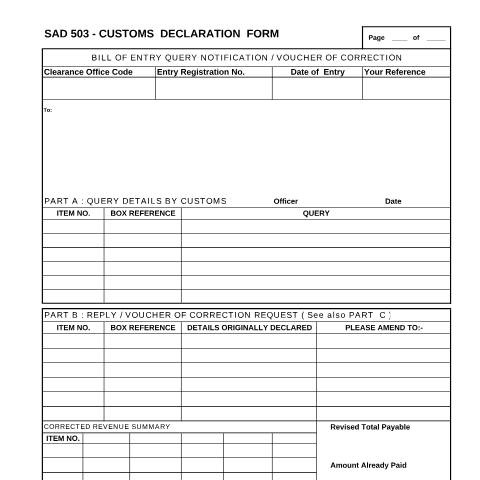 Document preview: SAD 503 – Customs Declaration Query Notification – External Form — PDF Forms, South Africa (CERFA n°SAD 503)