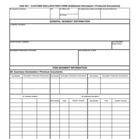 Document preview: SAD 507 – Customs Declaration Additional Info Produced Documents – External Form — PDF Forms, South Africa (CERFA n°SAD 507)