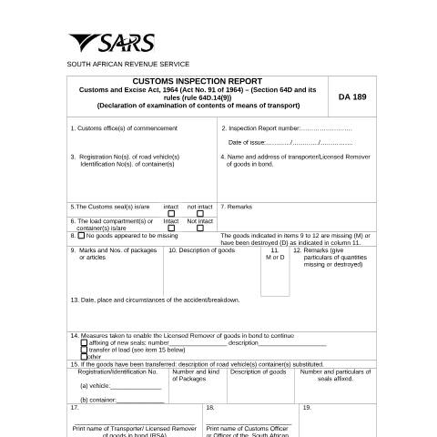 Document preview: DA 189 – Customs Inspection Report – External Form — PDF Forms, South Africa (CERFA n°DA 189)