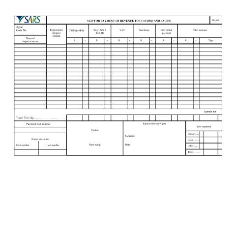 Document preview: DA 67 – Slip for Payment of Revenue to Customs and Excise – External Form — PDF Forms, South Africa (CERFA n°DA 67)