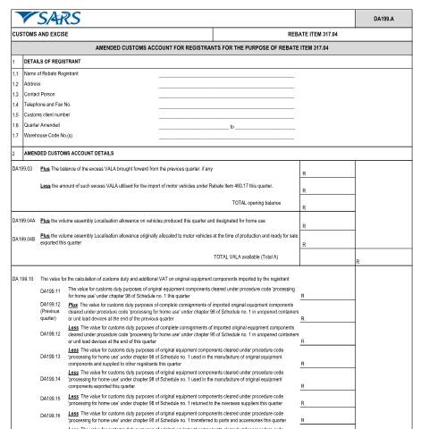 Document preview: DA 199 A – Rebate item 317 04 – Amended customs account for registrants for the purpose of rebate item 317 04 – External Account — PDF Forms, South Africa (CERFA n°DA 199 A)