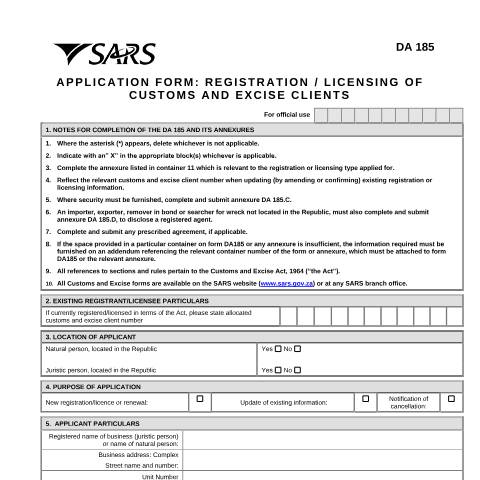 Document preview: DA 185 – Application form – Registration or Licensing of Customs and Excise Clients – External Form — PDF Forms, South Africa (CERFA n°DA 185)
