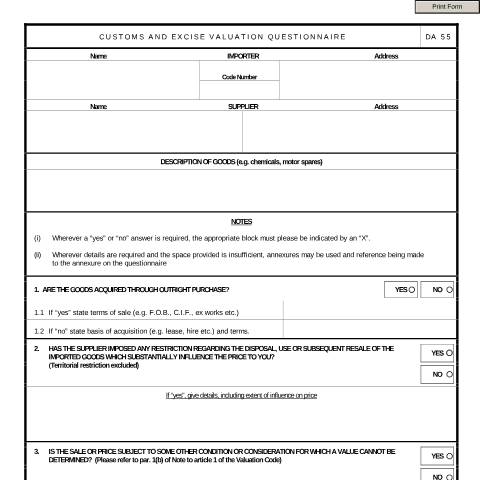 Document preview: DA 55 – Customs and Excise Valuation Questionnaire – External Form — PDF Forms, South Africa (CERFA n°DA 55)