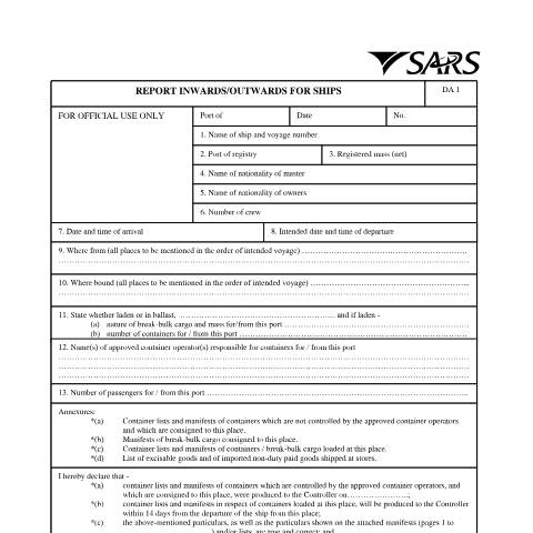 Document preview: DA 1 – Report Inwards Outwards for Ships – External Form — PDF Forms, South Africa (CERFA n°DA 1)