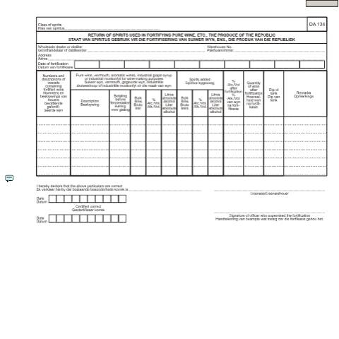 Document preview: DA 134 – Return of Spirits used in fortifying pure wine – External Form — PDF Forms, South Africa (CERFA n°DA 134)