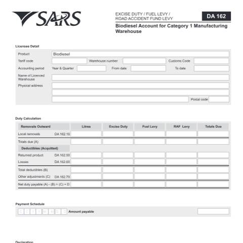 Document preview: DA 162 – Biodiesel Account for Category 1 Manufacturing Warehouse – External Form — PDF Forms, South Africa (CERFA n°DA 162)