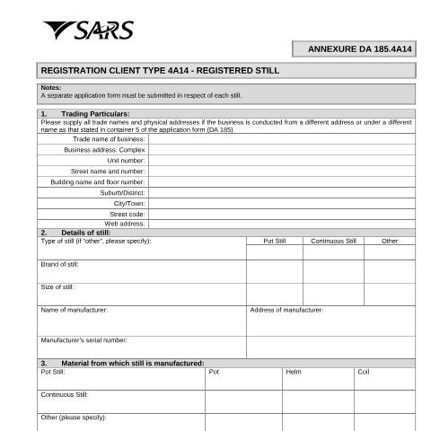 Document preview: DA 185 4A14 – Registration Client Type 4A14 – Registered still – External Annexure — PDF Forms, South Africa (CERFA n°DA 185 4A14)