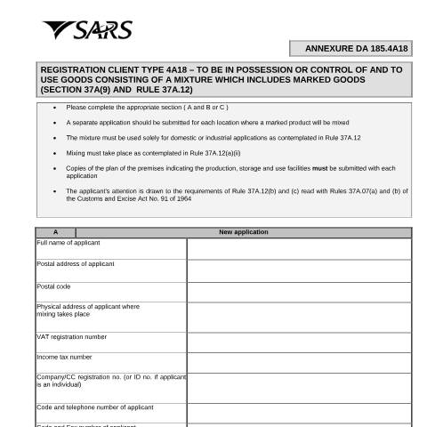 Document preview: DA 185 4A18 – Registration Client Type 4A18 – To be in possession and use goods consisting of a mixture which includes marked goods (S37A(9) R37A 12) – External Annexure — PDF Forms, South Africa (CERFA n°DA 185 4A18)