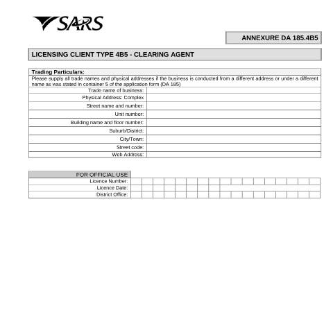 Document preview: DA 185.4B5 – Licensing Client Type 4B5 – Clearing agent – External Form — PDF Forms, South Africa (CERFA n°DA 185.4B5)