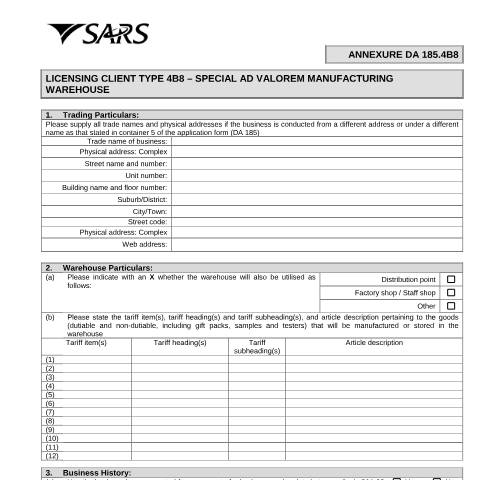Document preview: DA 185.4B8 – Licensing Client Type 4B8 – Special ad valorem manufacturing warehouse – External Form — PDF Forms, South Africa (CERFA n°DA 185.4B8)
