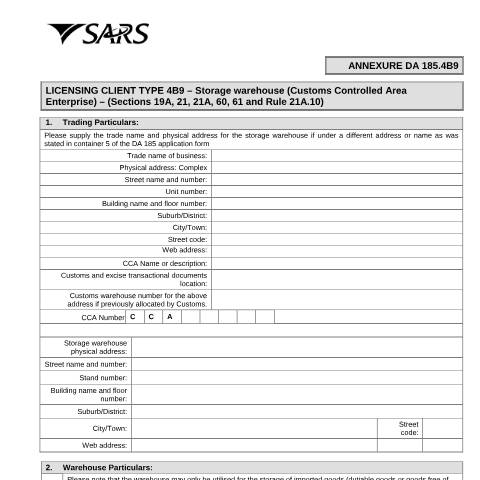 Document preview: DA 185.4B9 – Licensing Client Type 4B9 – Storage warehouse – External Form — PDF Forms, South Africa (CERFA n°DA 185.4B9)