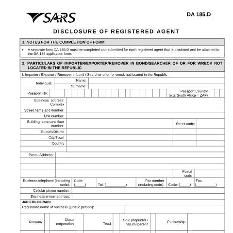 Document preview: DA 185.D – Disclosure of registered agent – External Form — PDF Forms, South Africa (CERFA n°DA 185.D)