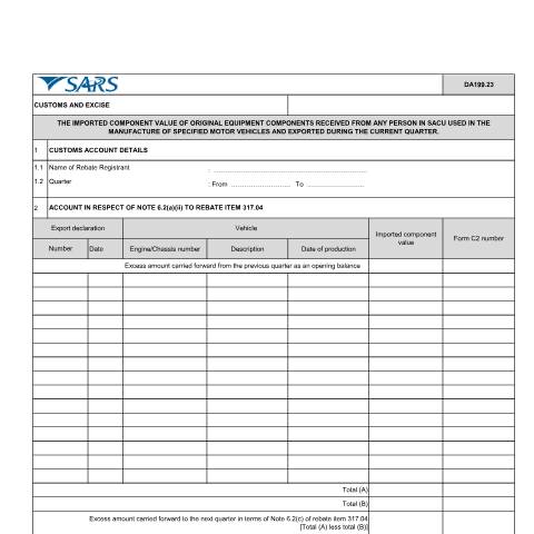 Document preview: DA 199 23 – Rebate item 317 04 – The imported component value of original equipment components received from any person in SACU used in in the manufacture of specified motor vehicles and exported during the current quarter – External Account — PDF Forms, South Africa (CERFA n°DA 199 23)