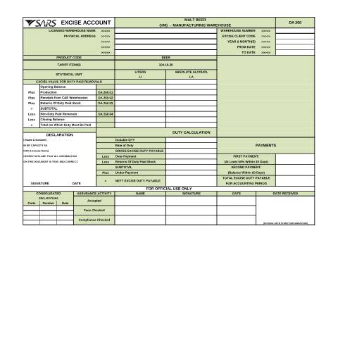 Document preview: DA 260A2 – Malt Beer VM – External Form — PDF Forms, South Africa (CERFA n°DA 260A2)
