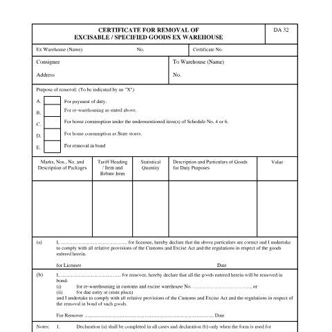 Document preview: DA 32 – Certificate for Removal of Excisable Specified Goods Ex Warehouse – External Form — PDF Forms, South Africa (CERFA n°DA 32)
