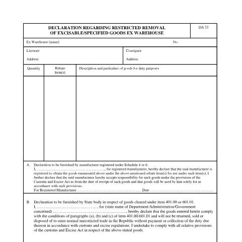 Document preview: DA 33 – Declaration Regarding Restricted Removal of Excisable Specified Goods Ex Warehouse – External Form — PDF Forms, South Africa (CERFA n°DA 33)