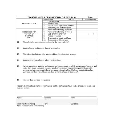 Document preview: DA 4 – Transire for a Destination in the Republic – External Form — PDF Forms, South Africa (CERFA n°DA 4)