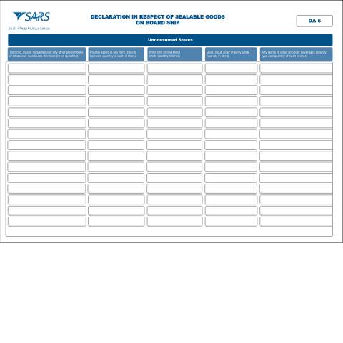 Document preview: DA 5 – Declaration in respect of sealable goods on board ship – External Form — PDF Forms, South Africa (CERFA n°DA 5)