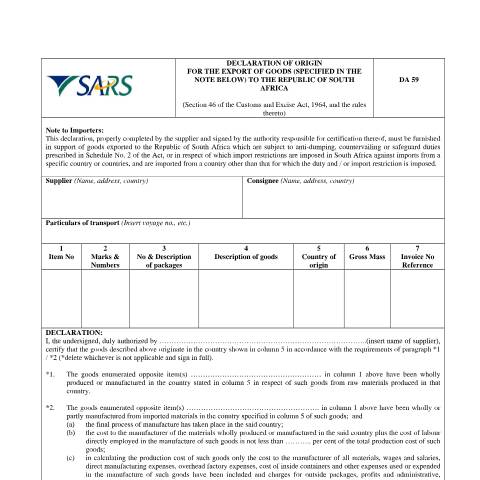 Document preview: DA 59 – Declaration of Origin – External Form — PDF Forms, South Africa (CERFA n°DA 59)