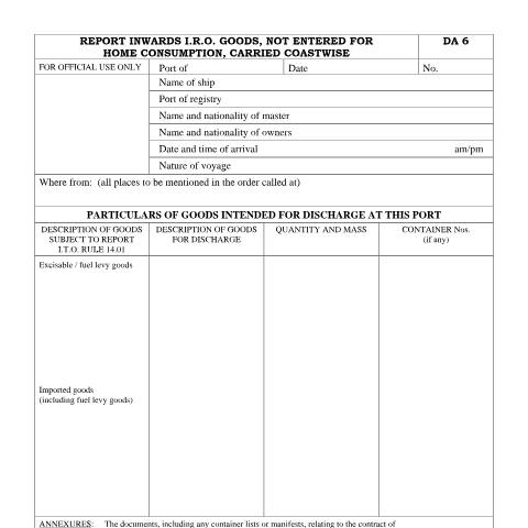 Document preview: DA 6 – Report Inwards iro Goods Not Entered for Home Consumption Carried Coastwise – External Form — PDF Forms, South Africa (CERFA n°DA 6)