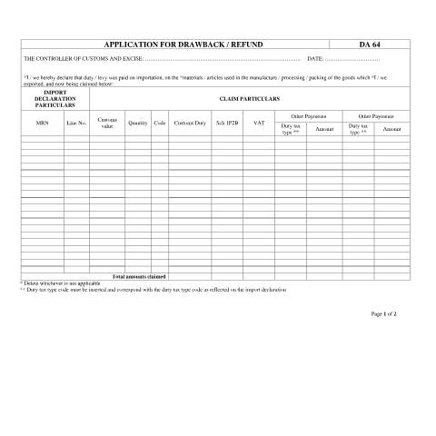 Document preview: DA 64 – Application for drawback or refund – External Form — PDF Forms, South Africa (CERFA n°DA 64)