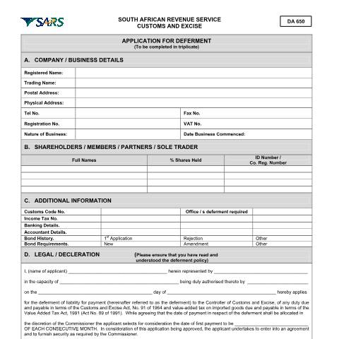 Document preview: DA 650 – Application for Deferment – External Form — PDF Forms, South Africa (CERFA n°DA 650)