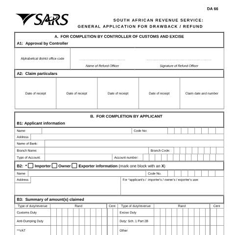 Document preview: DA 66 – General Application for drawback or refund – External Form — PDF Forms, South Africa (CERFA n°DA 66)