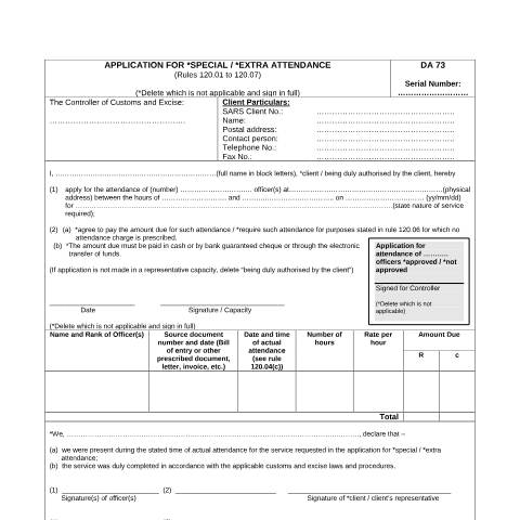 Document preview: DA 73 – Application for Special or Extra Attendance – External Form — PDF Forms, South Africa (CERFA n°DA 73)